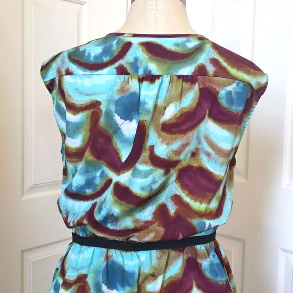 LOFT Teal Maroon Print Dress V-neck Cinched Waist Retro Flair SIZE 6P PETITE